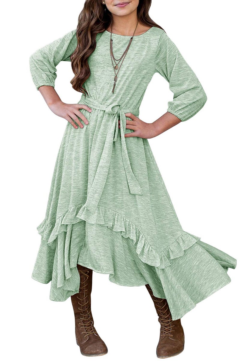 MITILLY Girls Loose Plain 3/4 Sleeve Casual Pocket Ruffle Swing Long Maxi Dress with Belt 12 Years Green - Image 1